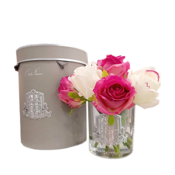 Cote Noire - Premium Bouquet - Mixed Magenta & Blush Rose Buds - Clear Glass