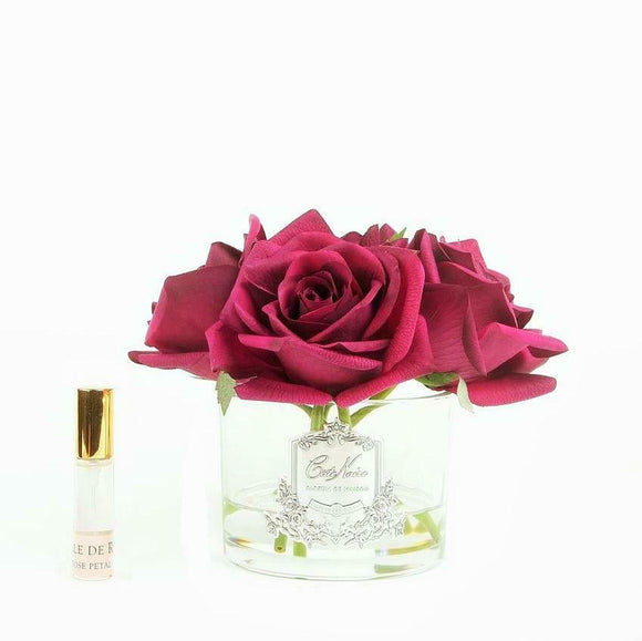Cote Noire Perfumed Flowers Natural Touch 5 Roses Carmine Red Clear Glass
