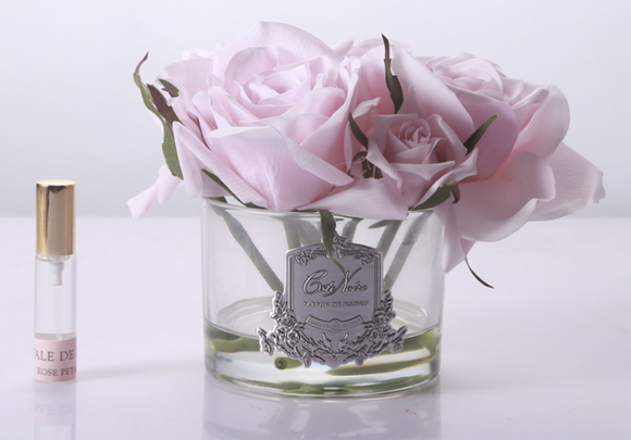 Cote Noire Perfumed Flowers Natural Touch 5 Roses French Pink Clear Glass