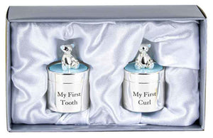 Silver Plated Baby Bear My First Tooth & My First Curl Box Baby Tooth Hair Box