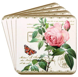Butterfly and Redoute Rose Drink Coasters Set of 4 Cork Coasters Set Gift Boxed