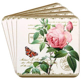 Butterfly and Redoute Rose Drink Coasters Set of 4 Cork Coasters Set Gift Boxed