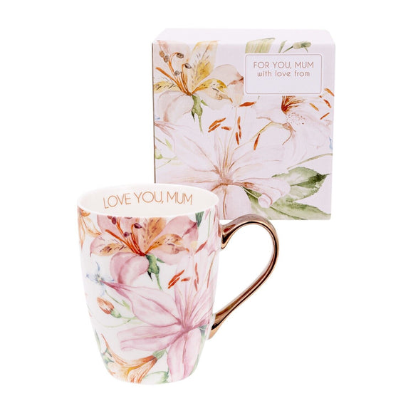 Floral Mug Ceramic Coffee Mug LOVE YOU MUM Rose Gold Colour Handle Coffee Mug