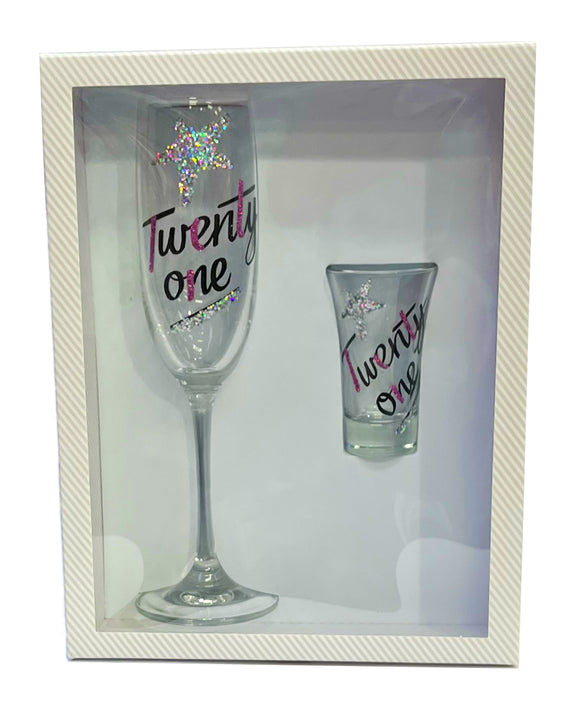 21st Birthday Champagne and Short Glass Wine Flute Drinking Glass Gift Set