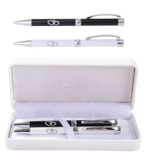 25th Silver Wedding Anniversary Mr & Mrs Pen Set in PU Leather Box