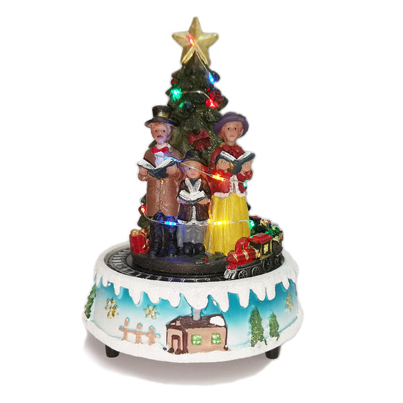 Musical LED Christmas Village Carolers Under Tree With Rotating Train