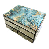 Fortune of Blue Mirror Glass Jumbo Jewelry Box with Double Drawers Top Open