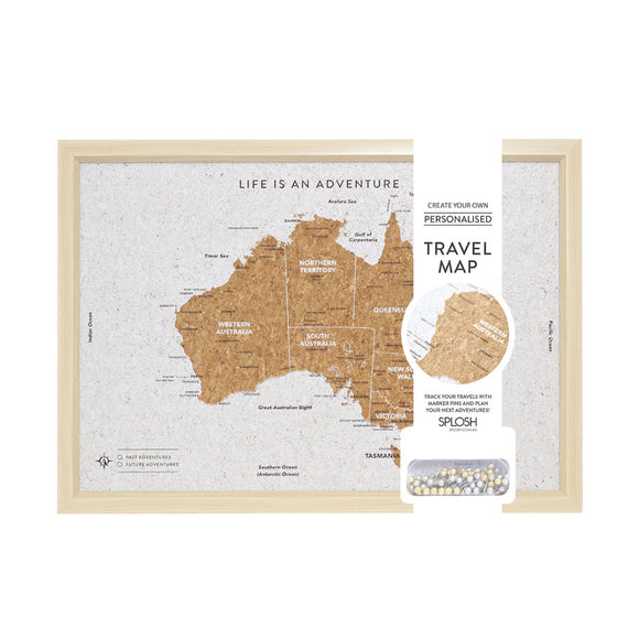 Splosh Travel Board Australia Wall Map Cork Canvas with Pins 53.5 x 36.5 cm